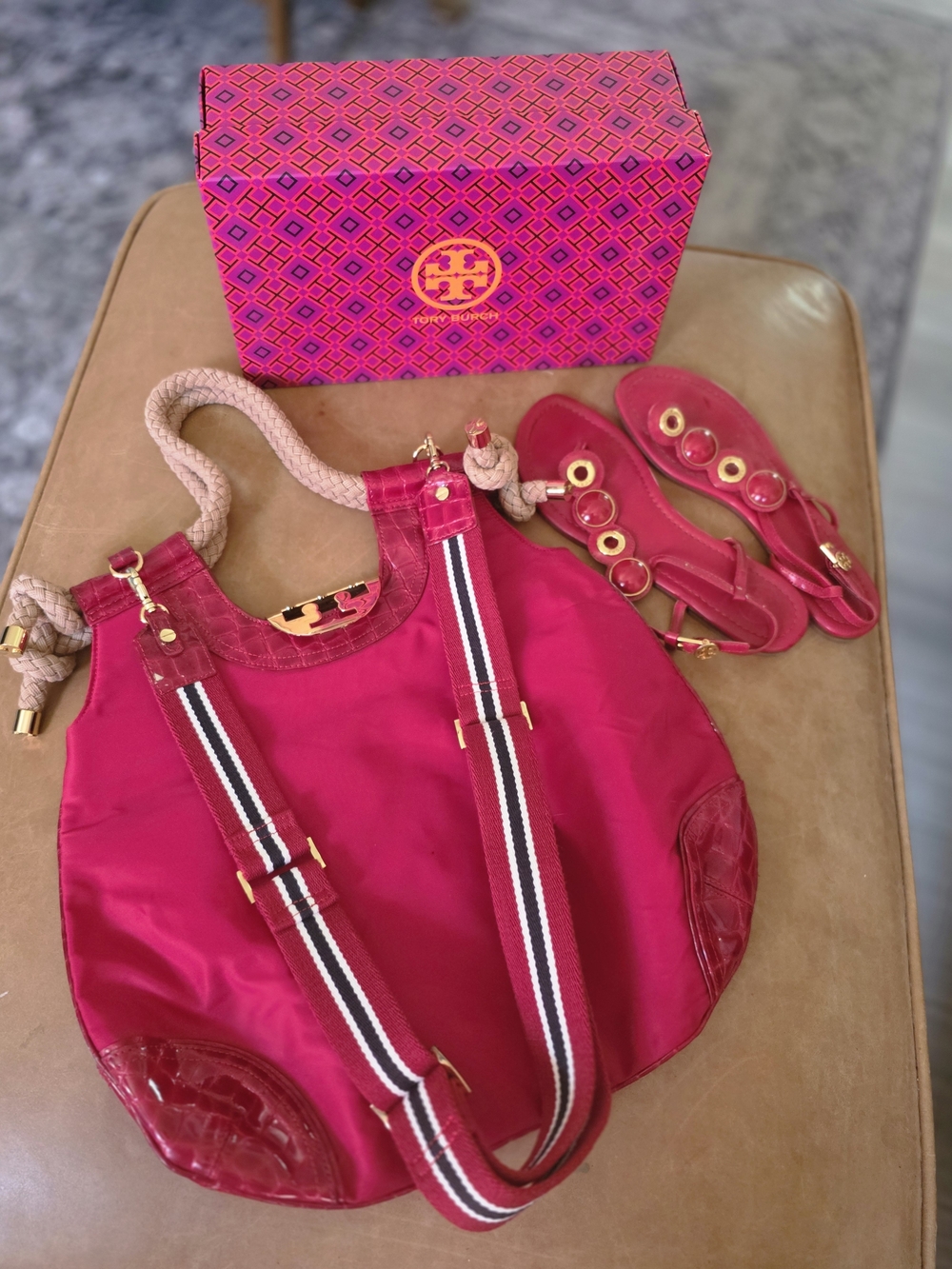 Tory Burch Red Nylon Tote with Striped Strap and Rope Handles & Sandles (7.5)